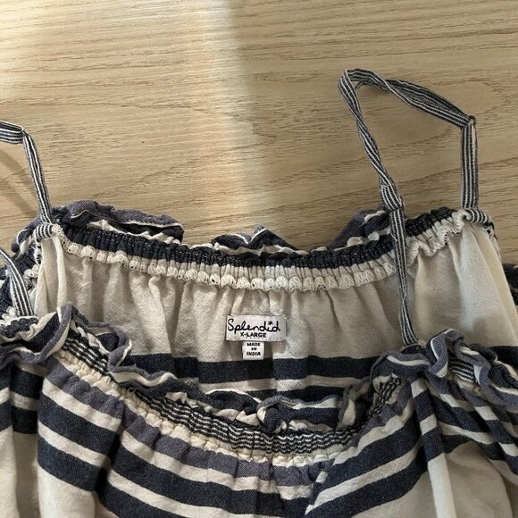 Splendid Cold Off Shoulder Blouse Large XL Striped Navy Ivory Ruffle Top Peasant - Picture 5 of 12